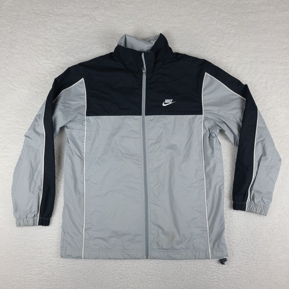 Nike Windbreaker Jacket Mens Medium Gray Black Full Zip Rain Coat VTG *